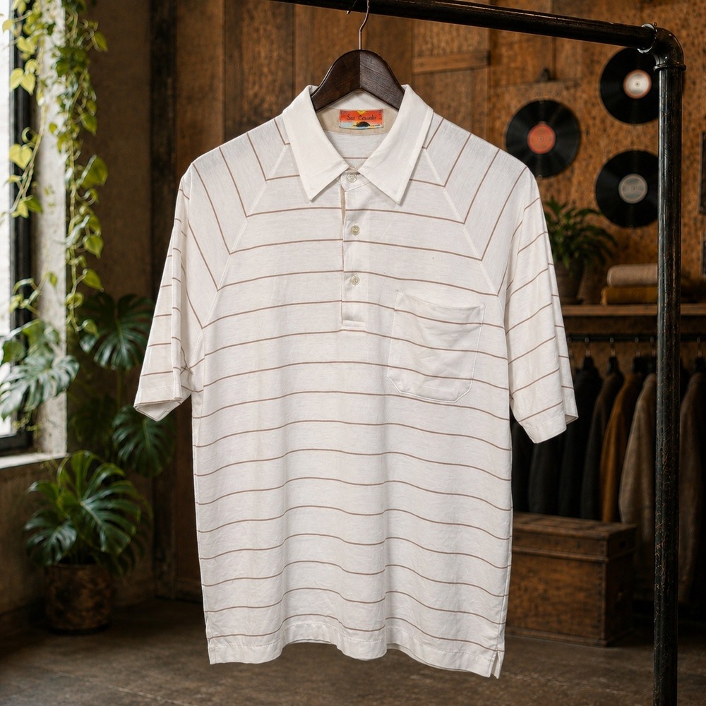 Vintage Sun Casuals Striped Polo Shirt White Brown Mens Short Sleeve Pocket XL